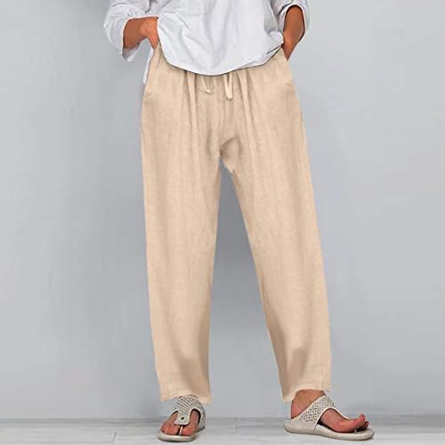Pamučne lanene pantalone ženske Ležerne letnje pantalone sa džepovima široke vezice čvrste elastične udobne pantalone na plaži visokog