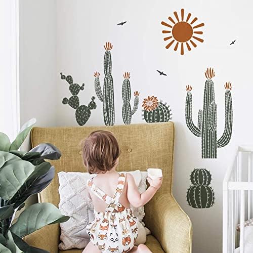MFUALT Boho Cactus Botanički zidni naljepnice Naljepnice, boemska kaktusa zelena biljka Sun Rasadnici Djeca Dječje spavaće sobe umjetnost,