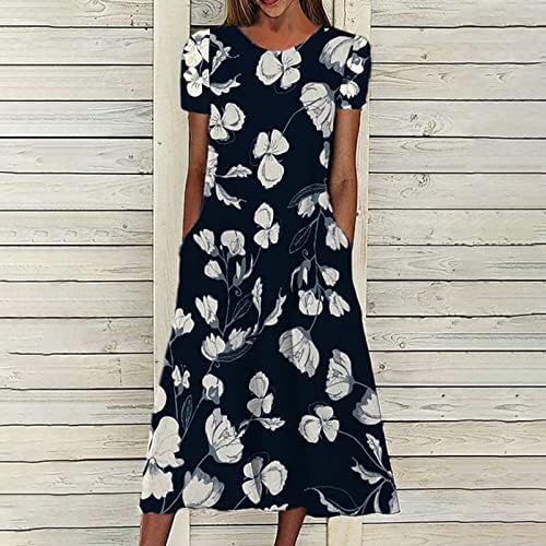 Dame Ležerne haljine Ljetni bohomijski cvjetni tisak kratkih rukava Maxi haljina s džepovima Stripe labava duga haljina