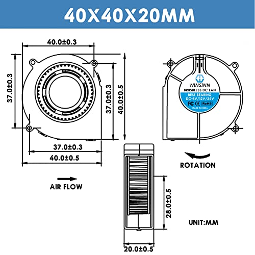 Winsinn 40mm ventilator 24V, 3D štampač Micro 24 Volt ventilatori 4020 Dual kuglični ležaj, 40mmx20mm 2pin