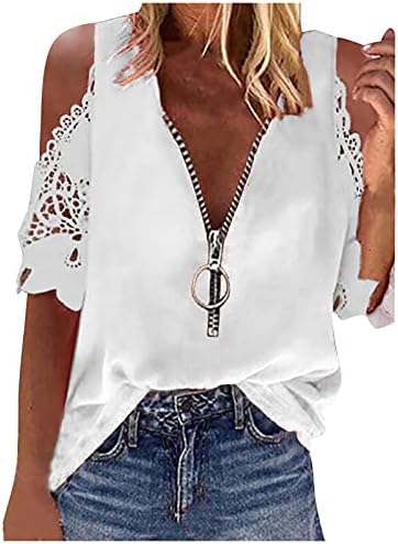 Žene Zip V izrez T majica hladno rameni čipke Clotut Dressy Tops Solid Coloras Loop Fit Bluze 2023 ljetne majice