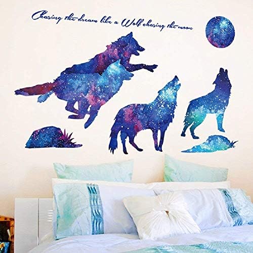 Amaonm Creative Blue Vinyl Starry Sky Wolf and Moon Stars Zidne naljepnice Naljepnice Dnevni boravak Dekor Početna Dječji dječji spavaća