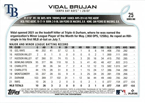 2022 TOPPS Baseball # 25 Vidal Brujan Rookie kartica