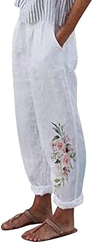 Pamučne lanene hlače za žene Ležerne ljetne kapri hlače s džepovima visokog struka udobne hlače na plaži maslačak Harem hlače