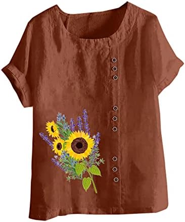 Posada vrat posteljina za žene kratki rukav suncokret cvjetna grafika opušteno Fit Plus Veličina seksi bluze djevojke 2023 UJ