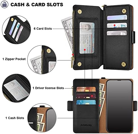 Antsturdy za iPhone 14 6.1 novčanik slučaj 【RFID Blokiranje】【Zipper Poket】【7 Slot za kartice】 PU Koža Magnetic Flip Folio Cover držač