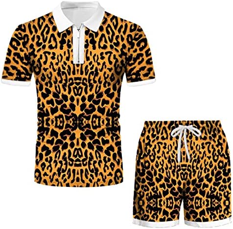 XXBR MENS Ljeto 2 komada Leopard Print Kratki rukav 1/4 Zip Polo košulje Golf Kratke hlače Postavite opušteno Potpuno povremene odjeće