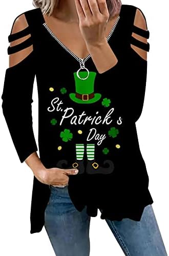 Cheeykey St. Patricks Dnevne majice za žene s dugim rukavima Shamrock Hladno rameni vrhovi patentnih zidova i irski festival zeleni