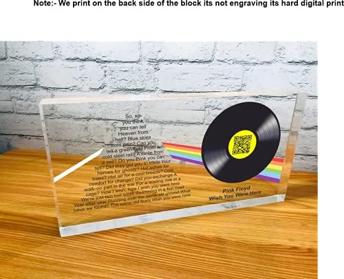 OOCLAS Pink Floyd - Želio bih da ste bili ovdje, vinil dizajn na kristalno čistom akrilnom staklenom bloku, stihovi i QR Code, komad umjetnosti veličine 12 x 6 x 1,25 inča