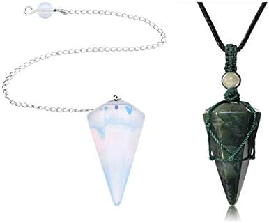 Pesoenthe paket - 2 predmeta: Opalite Gemstone Crystal Pendulum Dijeljenje doweng + indijski agatski šesterokutni zeleni kvarcni kristalni