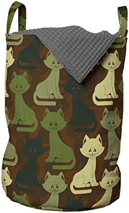 Lunarable Kitten torba za veš, uzorak mačjih silueta u Blijedožutim maslinastim i tamnozelenim tonovima, korpa za korpe sa ručkama