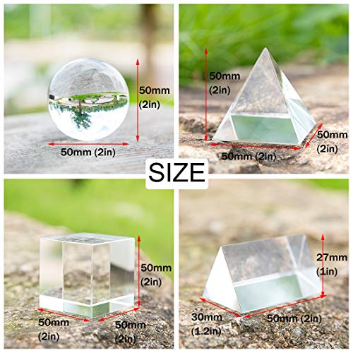 4 pakovanje Crystal Photography Prism, uključuje 50 mm kristalnu kuglu, 50 mm kristalno kocku, 50 mm trokutasti prizmi, 50 mm optička piramida sa krpom brisača i kutija, fotografskim dodatkom