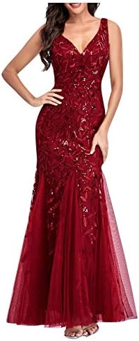 Ženski V-izrez Sparkly Emborder mamurska haljina elegantna haljina s dugim večema bez rukava Maxi Tulle Haljina formalna