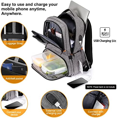 Ruksak za ručak, izolovani hladnjak ruksak kutija za ručak za muškarce i žene, 15,6 inča RFID blokirajući ruksak za Laptop sa USB