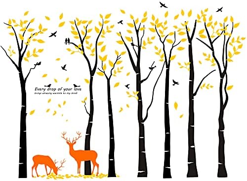 7 crna stabla zidna naljepnica Giant Veliki zidni naljepnica iz džungle DIY uklonjivi vinil jesen žuti lišće ptica jelena pozadina