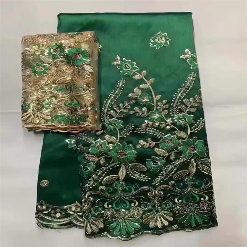 Afrička čipkasta tkanina 5+2 jarde Afrička George čipkasta tkanina sa mrežastom bluzom zelene šljokice i kamenje vezena George čipkasta