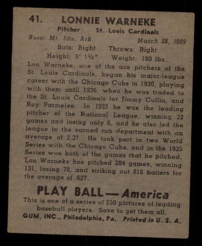 1939 Igrajte kuglu Redovna bejzbol karta41 Lonnie Warneke iz Cardinala St Louis Cardinals Good