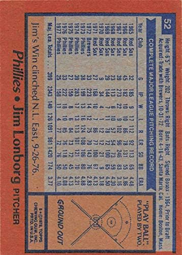 1978 TOPPS 52 Jim Lonborg Philadelphia Phillies MLB bejzbol kartica Ex Odlična