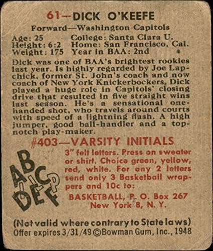 1948 Bowman Redovna košarkaška karta61 Dick o Keefe of the Washington Capitals Grupa dobro