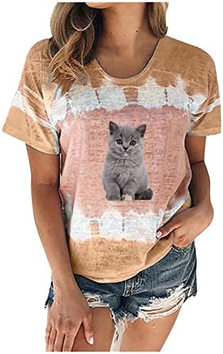 Ženske slatke vrhove Mačka grafički grafički tees Želi Ljeto Loop Fit Majica Kratki rukav Crew Crt Tunic Top Tonic