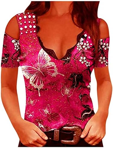 Ženski bluze i vrhovi casual grafički ispisuje labavi V izrez hladnog ramena kratki rukav fit t majice Tuntic TOPS