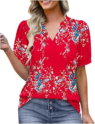 Cvjetni tiskani vrhovi za žene, ženska majica s V-izrezom Ljetni casual bubble rukavi grafički tees kratki rukav top bluza
